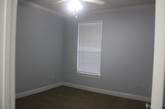 carpeted empty room with ceiling fan and ornamental molding