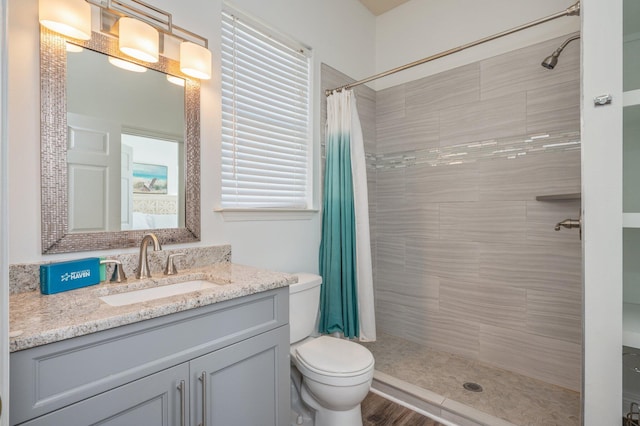 bathroom with curtained shower, vanity, and toilet