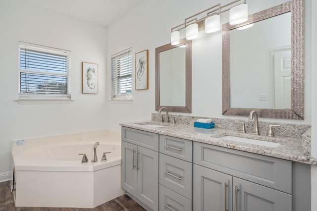 bathroom with hardwood / wood-style floors, vanity, and a tub to relax in