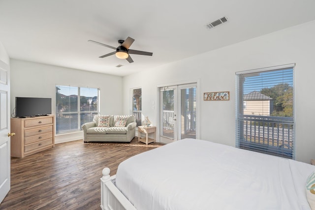 bedroom with access to outside, ceiling fan, and dark hardwood / wood-style flooring