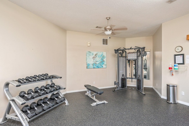 exercise room with ceiling fan and a textured ceiling