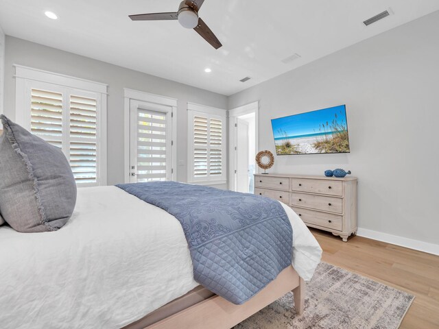 115 Woody Wagon Way, Inlet Beach, FL 32461 - bedroom featuring light wood finished floors, recessed lighting, access to exterior, and a ceiling fan