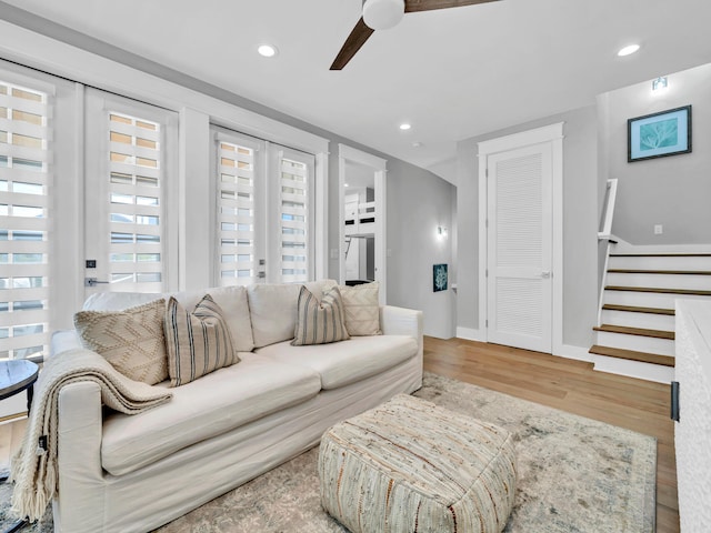 115 Woody Wagon Way, Inlet Beach, FL 32461 - living room featuring a ceiling fan, stairs, wood finished floors, and recessed lighting