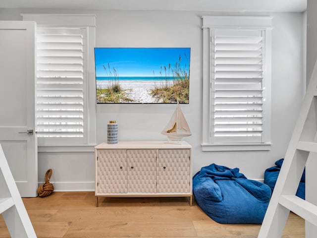 bedroom with hardwood / wood-style flooring and multiple windows