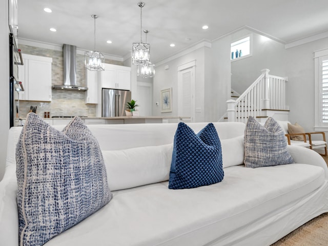115 Woody Wagon Way, Inlet Beach, FL 32461 - living area with ornamental molding, recessed lighting, a chandelier, and stairway