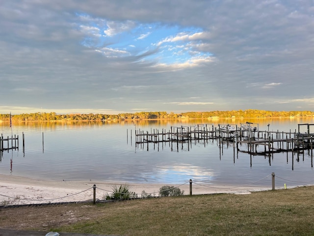 view of dock with a water view