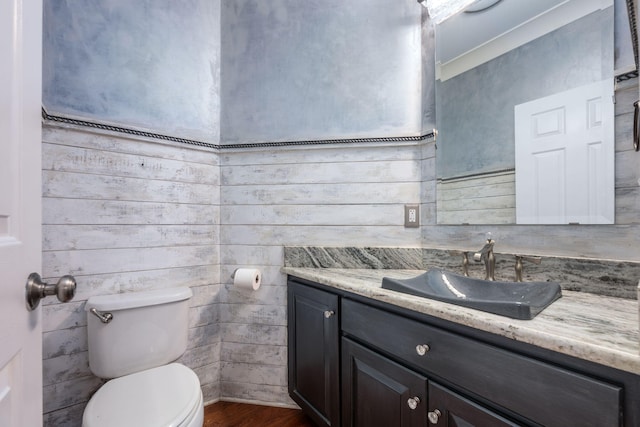 bathroom with toilet, vanity, and wood finished floors