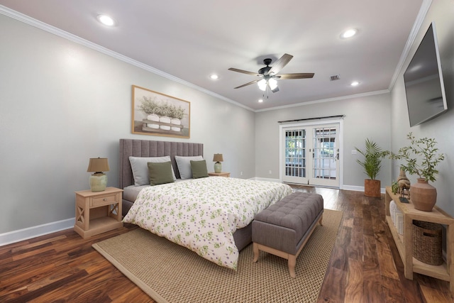 bedroom featuring baseboards, recessed lighting, dark wood-style flooring, ornamental molding, and access to exterior