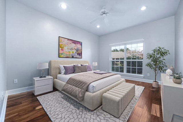 bedroom featuring recessed lighting, dark wood-style floors, baseboards, and ceiling fan