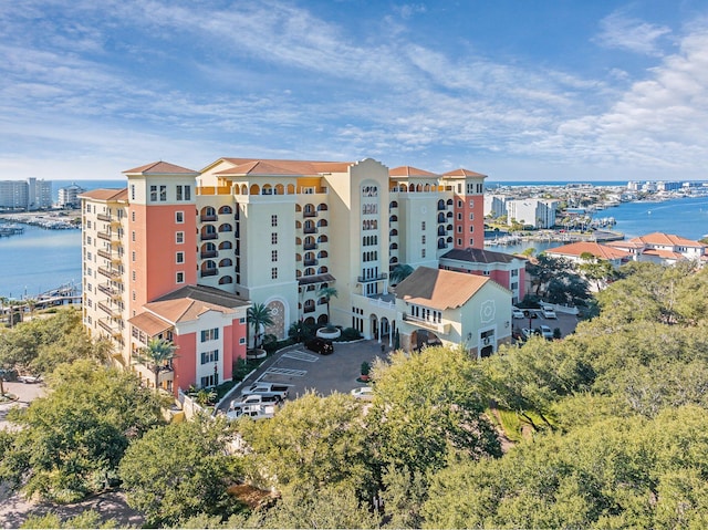 birds eye view of property featuring a water view