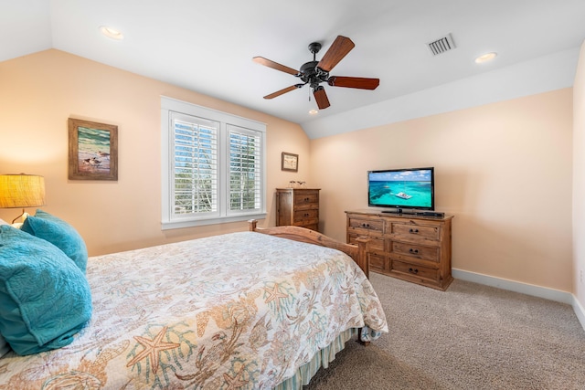 bedroom featuring carpet flooring, ceiling fan, and lofted ceiling