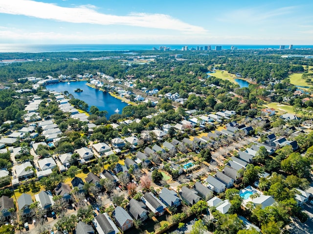 drone / aerial view featuring a water view