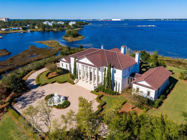 drone / aerial view featuring a water view