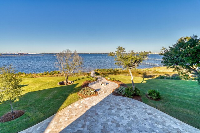 exterior space with a water view