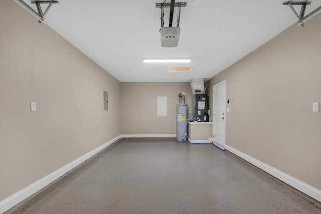 garage featuring electric panel, electric water heater, a garage door opener, and heating unit