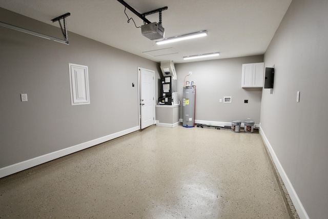 garage with electric panel, heating unit, a garage door opener, and water heater