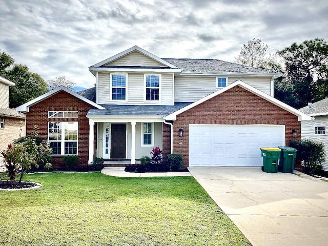 front of property with a front lawn and a garage