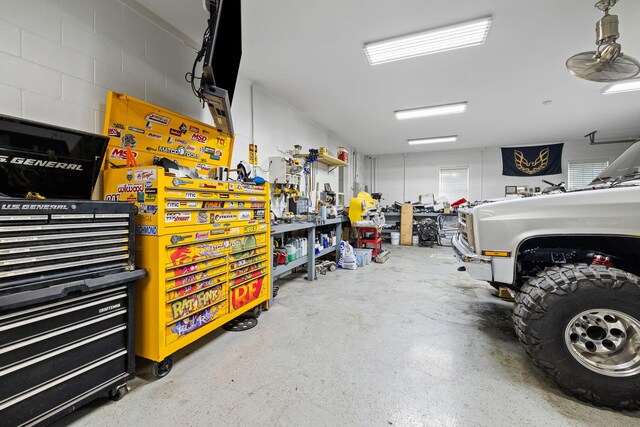 garage featuring a workshop area