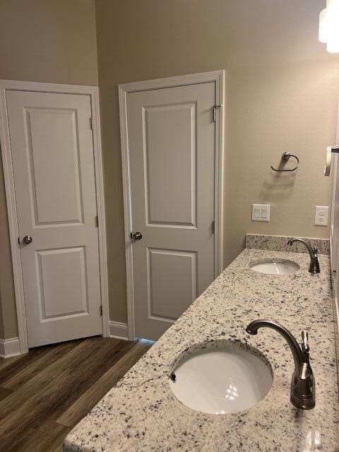 bathroom with hardwood / wood-style flooring and vanity