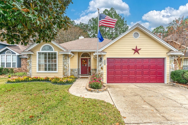 single story home with a front lawn and a garage