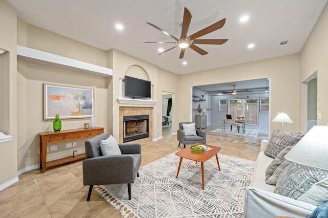 1905 W Mistral Ln, Fort Walton Beach, FL 32547 - living room with ceiling fan, a fireplace, and recessed lighting