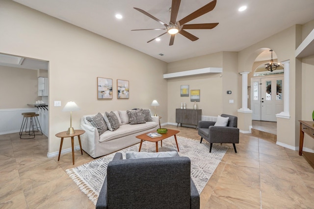 1905 W Mistral Ln, Fort Walton Beach, FL 32547 - living room with decorative columns, ceiling fan, arched walkways, and recessed lighting