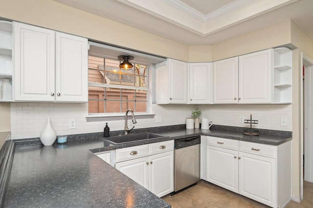 1905 W Mistral Ln, Fort Walton Beach, FL 32547 - kitchen with open shelves, dishwasher, white cabinets, ornamental molding, and dark countertops