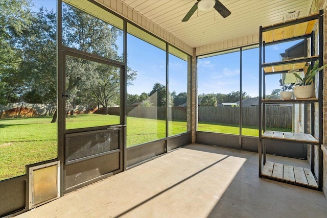 sunroom / solarium featuring ceiling fan and wood ceiling