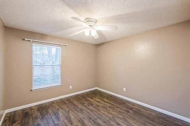 unfurnished room featuring a textured ceiling, dark hardwood / wood-style floors, and ceiling fan