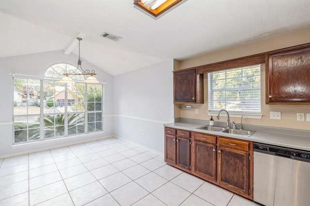 kitchen featuring vaulted ceiling with beams, a healthy amount of sunlight, sink, and stainless steel dishwasher