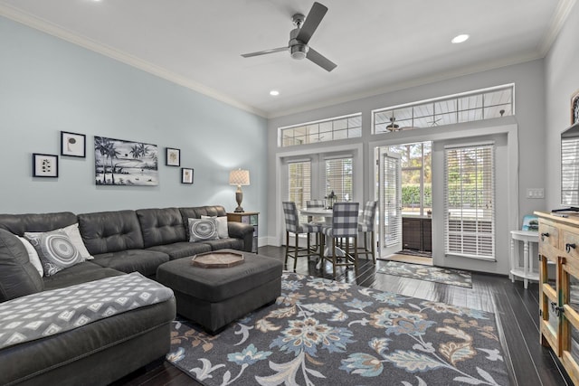 living room with crown molding, dark hardwood / wood-style floors, and ceiling fan