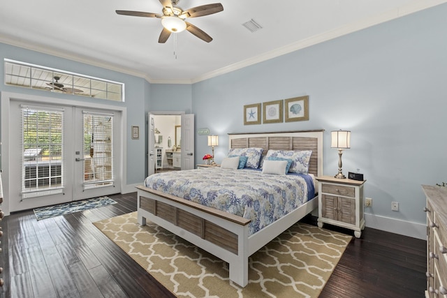 bedroom with dark wood-type flooring, ceiling fan, access to exterior, ornamental molding, and french doors