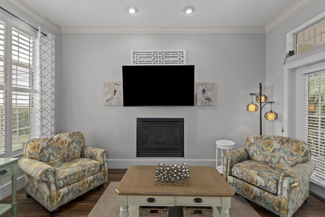 living room with ornamental molding and dark wood-type flooring