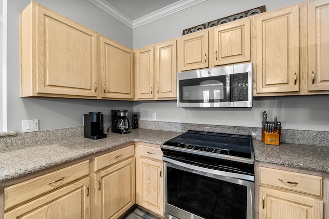 kitchen featuring light stone countertops, ornamental molding, light brown cabinetry, and appliances with stainless steel finishes