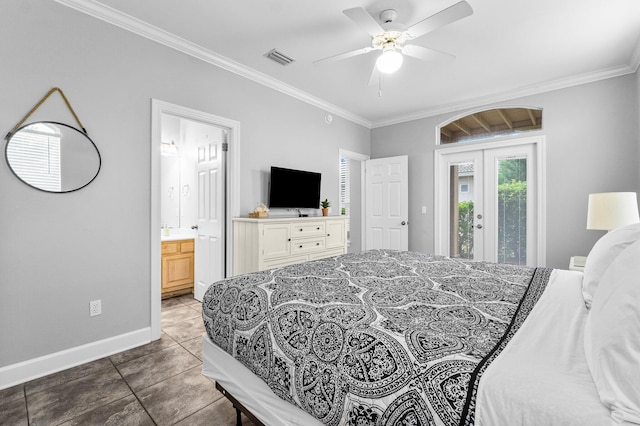 tiled bedroom featuring ensuite bath, ceiling fan, french doors, access to exterior, and crown molding