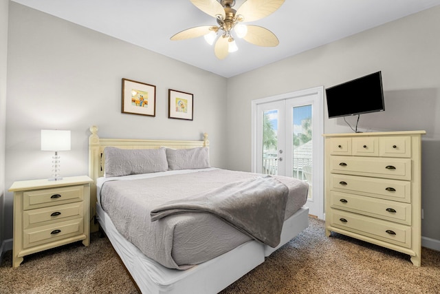 bedroom featuring carpet flooring, access to exterior, ceiling fan, and french doors