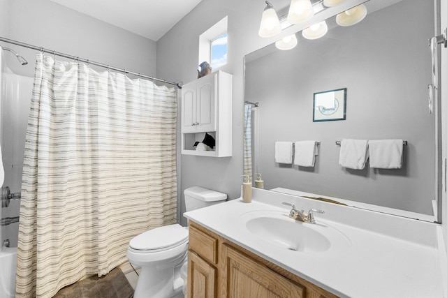 full bathroom with toilet, shower / bath combination with curtain, vanity, and tile patterned floors