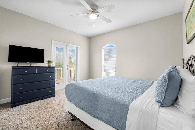 carpeted bedroom with access to outside and ceiling fan