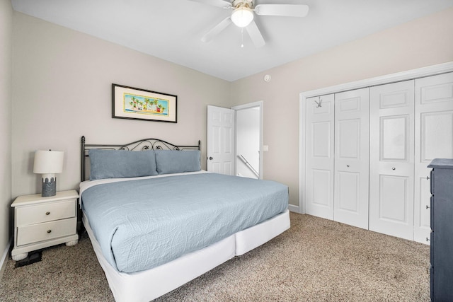 bedroom featuring carpet, a closet, and ceiling fan