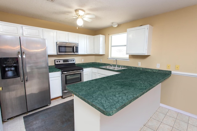 kitchen with kitchen peninsula, white cabinetry, sink, and appliances with stainless steel finishes