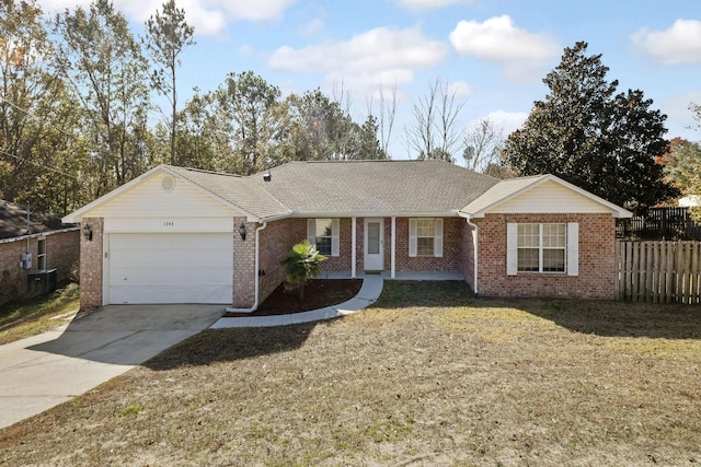 ranch-style home with central AC, a front yard, and a garage