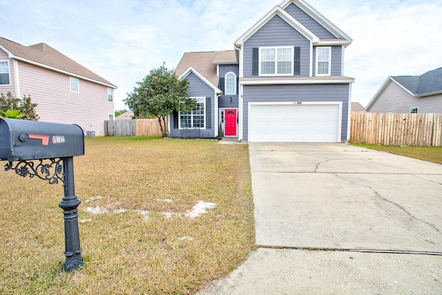 view of front of property with a front lawn and a garage