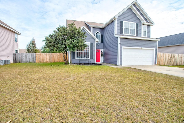 view of front of home with a garage, a front yard, and central AC