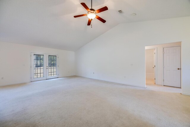 8180 Shooter Ln, Laurel Hill, FL 32567 - interior space with light carpet, french doors, high vaulted ceiling, and ceiling fan