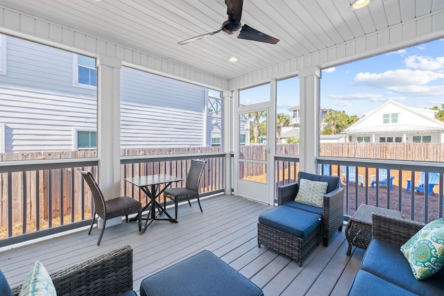 sunroom / solarium with ceiling fan and wood ceiling