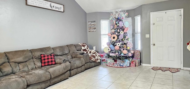 tiled living room featuring lofted ceiling