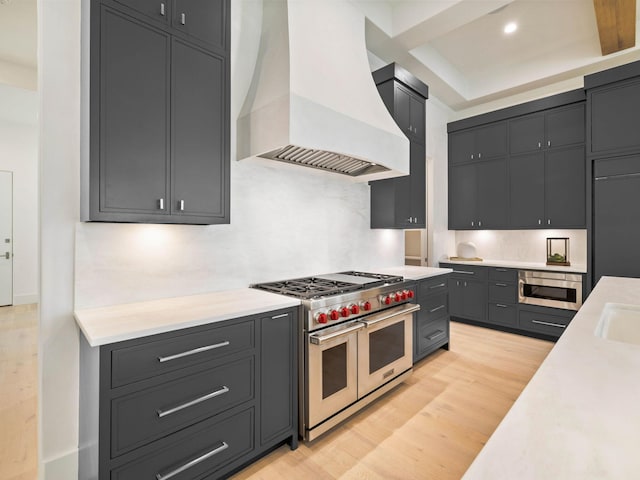 kitchen with decorative backsplash, custom exhaust hood, premium appliances, sink, and light hardwood / wood-style flooring