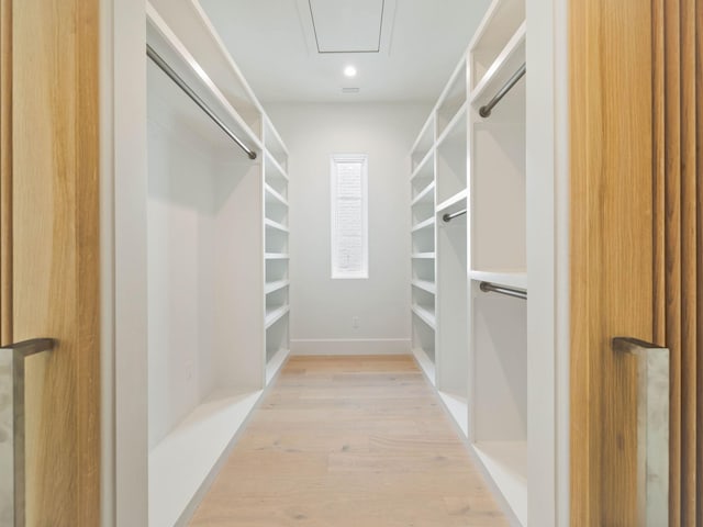 walk in closet with light hardwood / wood-style floors