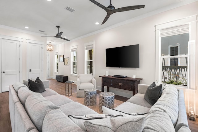 living room featuring plenty of natural light, wood-type flooring, and ornamental molding