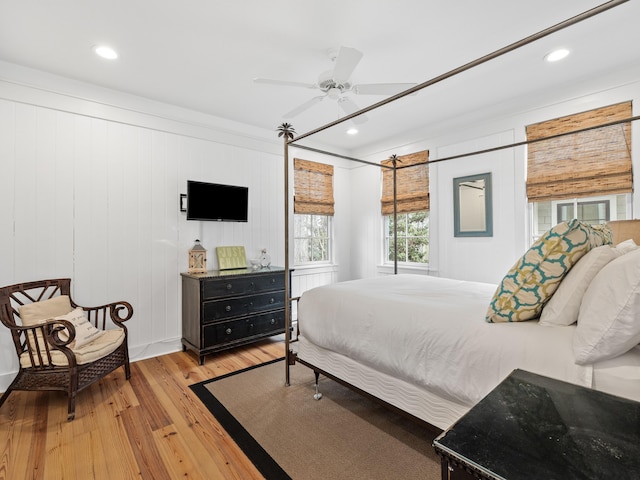 bedroom featuring recessed lighting, ceiling fan, and light wood finished floors